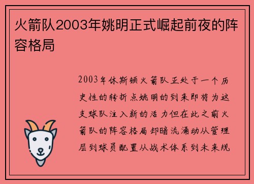 火箭队2003年姚明正式崛起前夜的阵容格局