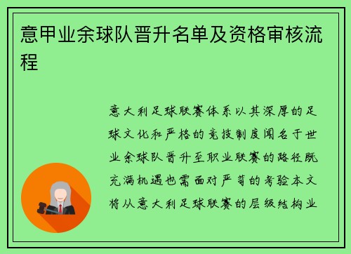 意甲业余球队晋升名单及资格审核流程