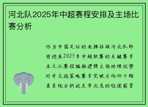 河北队2025年中超赛程安排及主场比赛分析